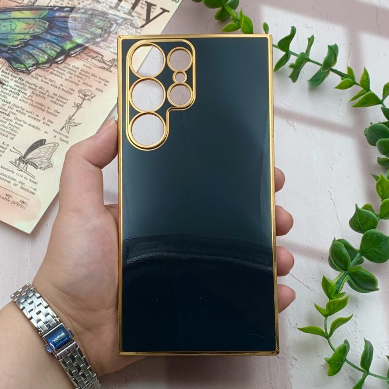 قاب گوشی Galaxy S23 Ultra سامسونگ ژله ای مای کیس طرح Gold Line دور طلایی محافظ لنز دار مشکی