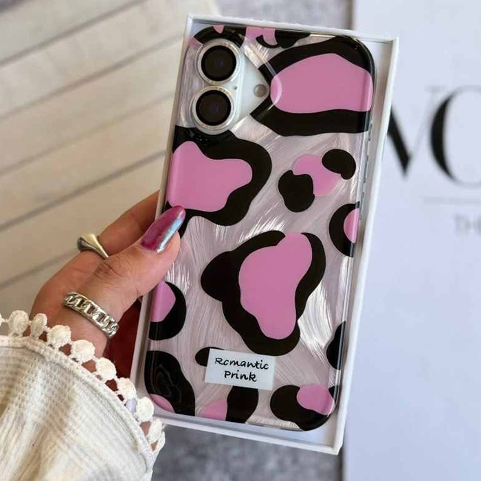قاب پلنگی صورتی iPhone 16 | گرید A | لبه TPU ضد زردی | شیک و بادوام